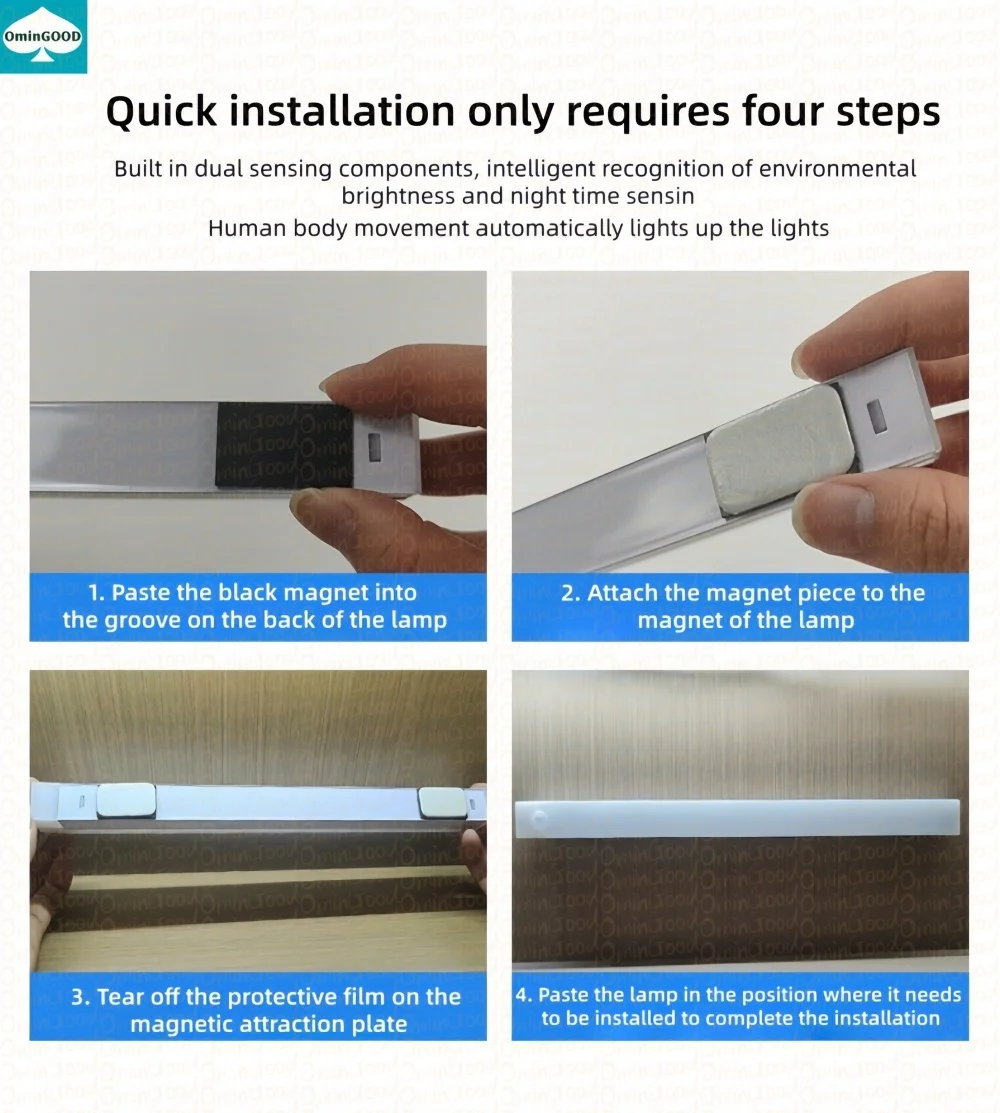 ضوء LED قابل لإعادة الشحن، ضوء استشعار الحركة اللاسلكية، شريط إضاءة أسفل الخزانة الداخلية، ضوء استشعار الممر #6
