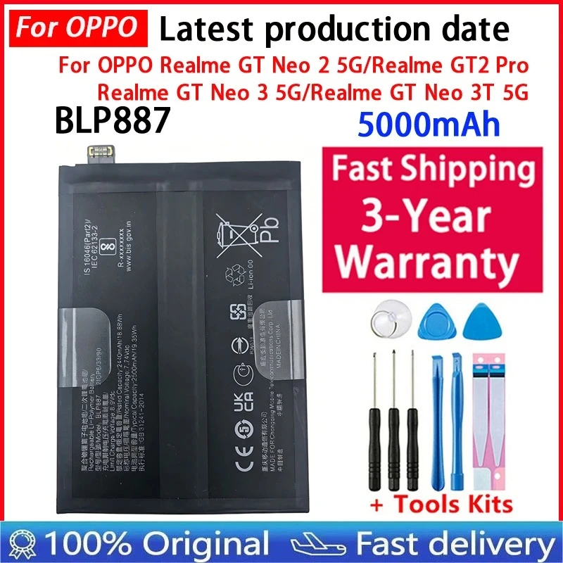 New High Quanlity BLP887 5000mAh Battery For OPPO Realme GT Neo 2 5G/GT2 Pro/GT Neo 3T 5G Batteries Bateria Batterij+Tools