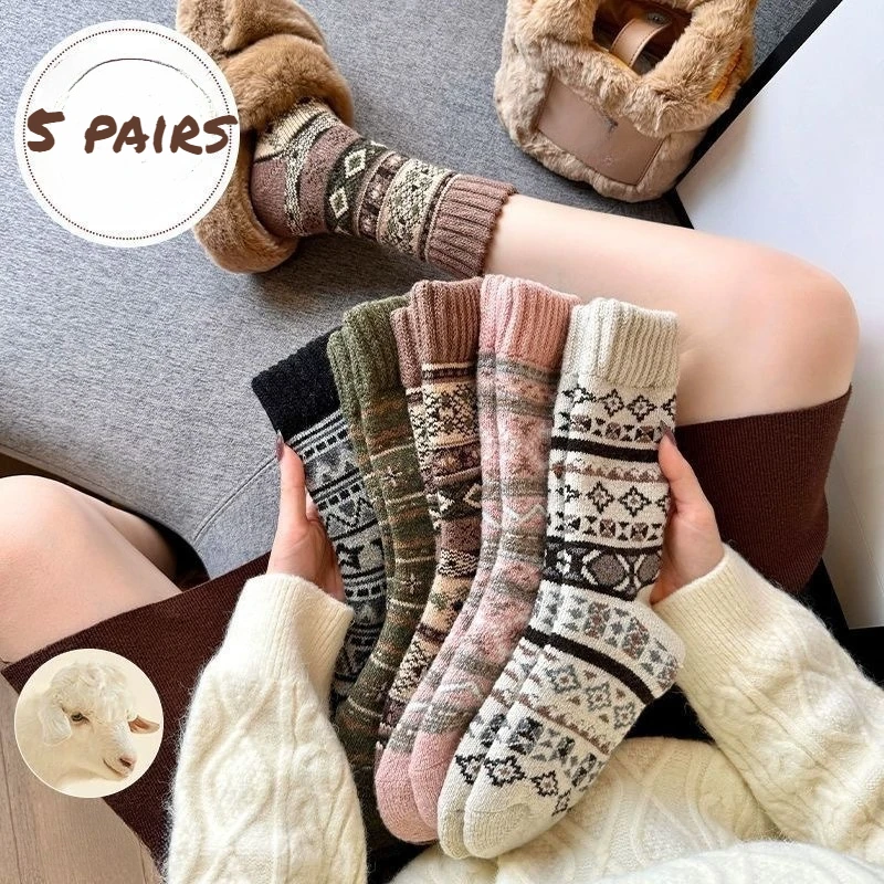 5 paires de chaussettes en laine épaisses, chaudes et résistantes au froid, Style ethnique rétro, décontractées et confortables, chaussettes mi-tube pour femmes, hiver