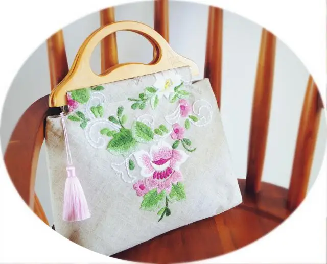 Lost in Vintage Floral and Leaf Embroidered Clutch Bag Natural Wood Handle Cotton Fabric Boho Wedding Bridal Purse Crossbody Bag