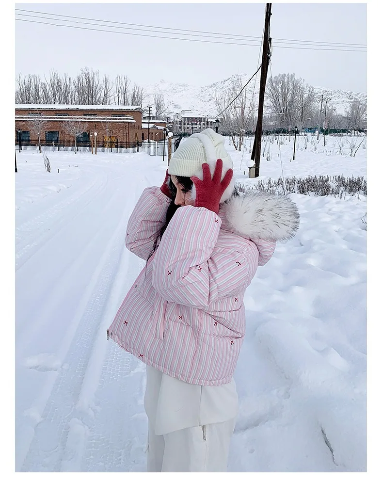 Korean Striped Bow Pattern Cropped Padded Jacket for Women Winter Hooded Coat with Faux Fur Collar Woman Sweet Thick Warm Parkas