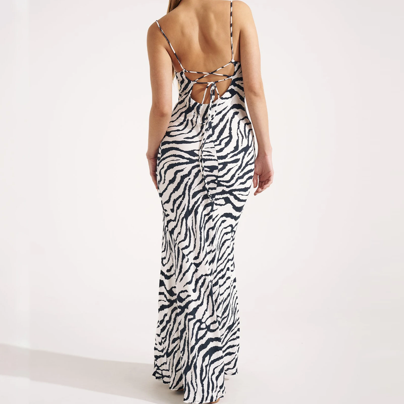 Abito sottoveste da donna con stampa zebrata, senza maniche, con fasciatura incrociata, senza schienale, costume da bagno estivo, vestito estivo lungo con spacco alto