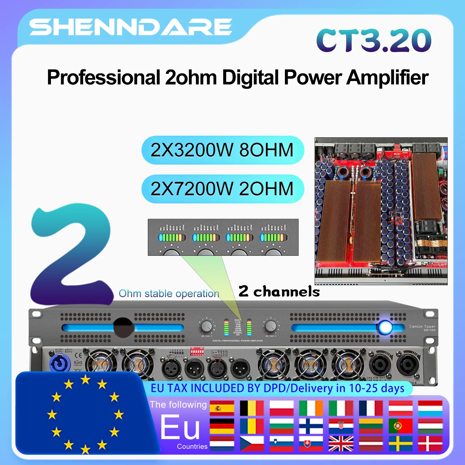 ShennDare CT3.20 2x7200 Вт 2OHM Профессиональный цифровой усилитель мощности 2x3200 Вт 8OHM DJ сабвуферный усилитель звука Подходит для сценического сабвуфера и линейных массивов акустических систем