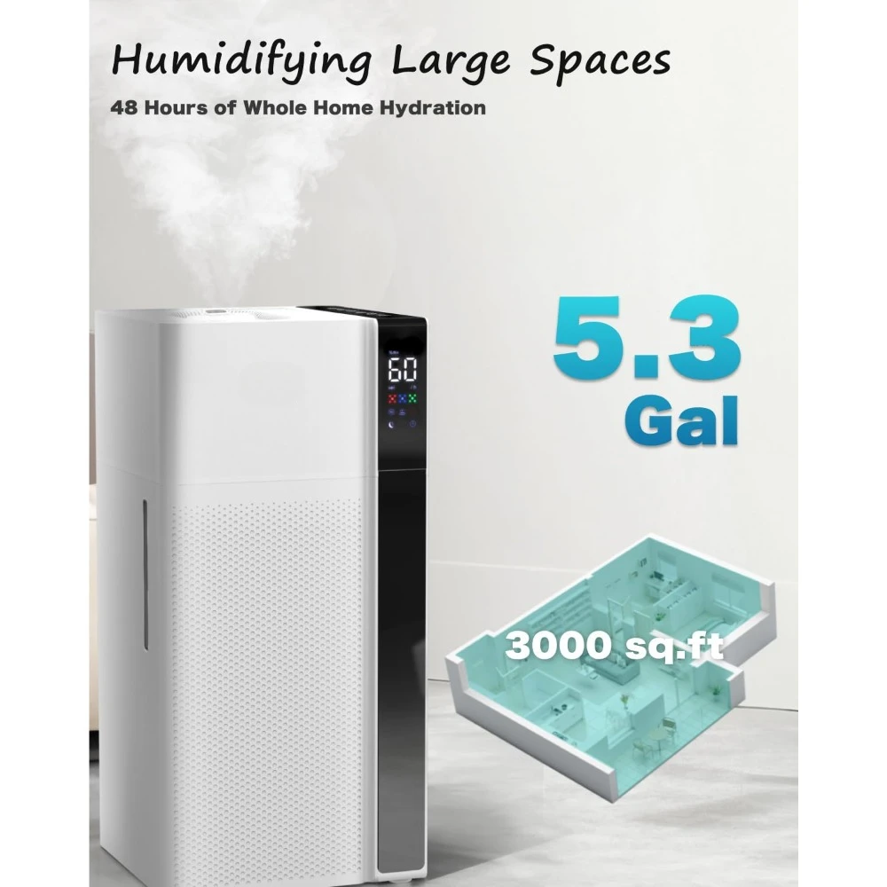 5.3 gallon /20L family room humidifier, quick and even humidification, top fill, double mist nozzle and atomizer, white