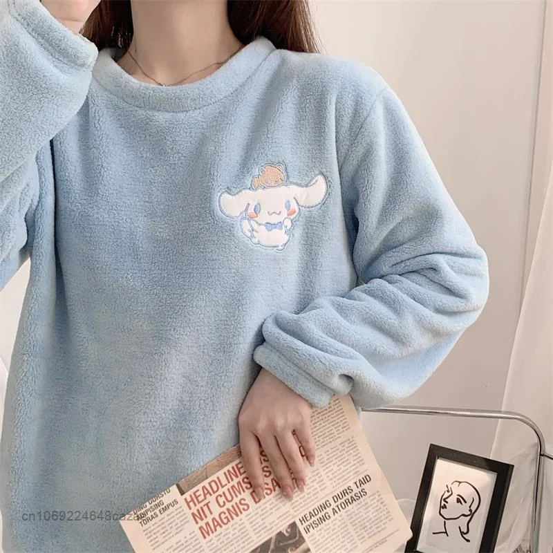 Sanrio Cinnamoroll Sleepwear Suit Women Korean Style Plush Tops Pants 2 Piece Pajama Sets Y2k Female Soft Outdoor Home Clothes