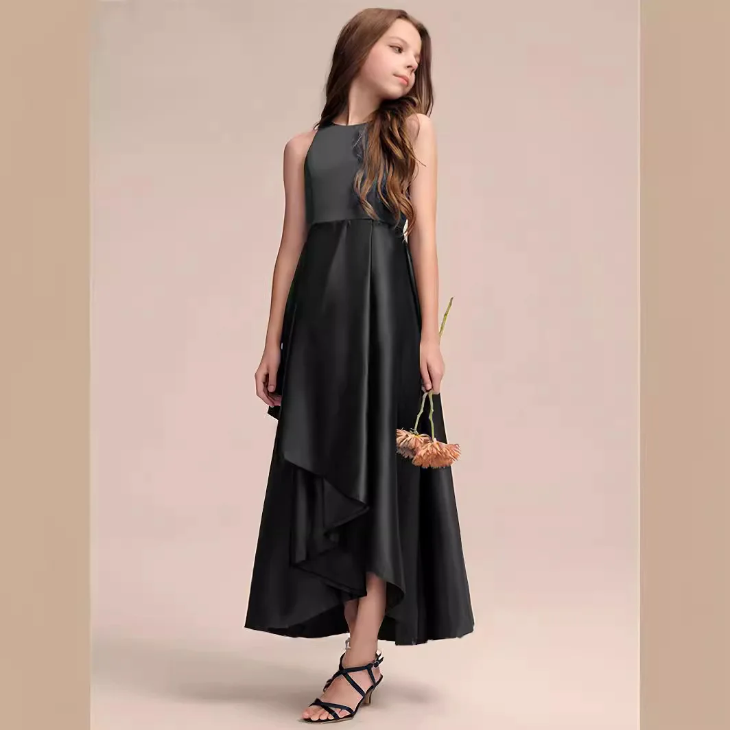 Teenage Girls Black Sleeveless Irregular Skirt Long Patchwork Dress Violin Piano Competition Fashion Performance Dress