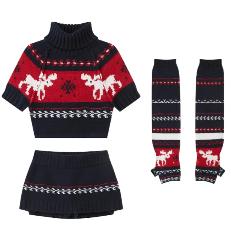 Women Christmas Reindeer Jacquard Knit 4 Piece Set Turtleneck Cropped Top+ Knit Skort + Arm Warmers Holiday Party Sweater Outfit