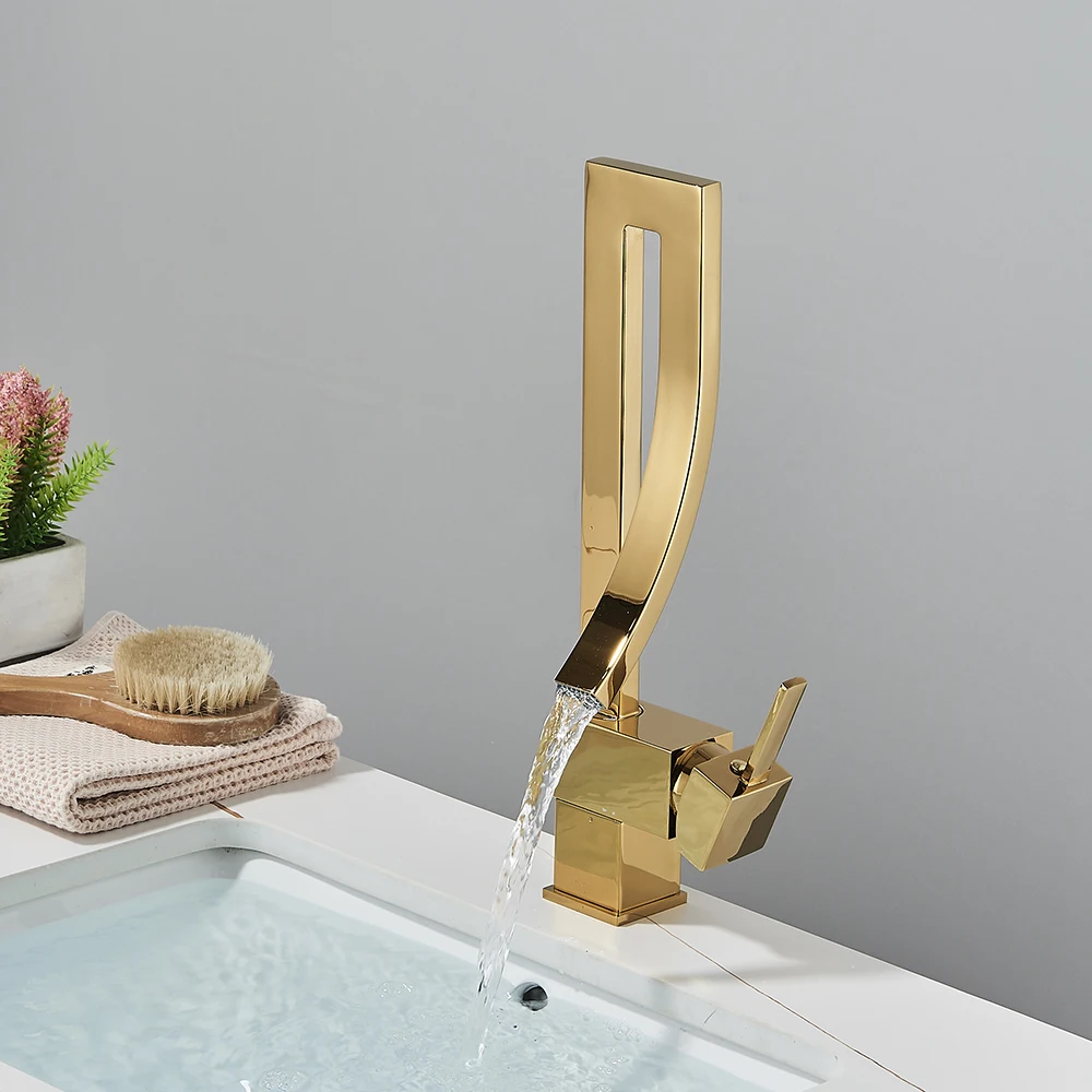 POIQIHY Brushed Gold Basin Faucet Waterfall Bathroom Mixer Tap Deck Mounted Vessel Sink Faucet Black Chrome Tap Bathroom Faucet