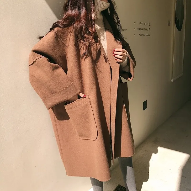 Elegant Woolen Trench Coat Winter for Women Vintage Windbreakers Jacket Mid-Length Loose Turn-Down Collar Plus Size 4XL Cardigan