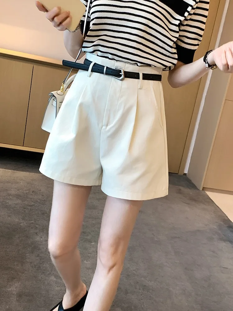 Women Cuffed Suit Shorts 2026 Summer New Casual Fashion Loose Slim High Waist A-Line Wide Leg Short Pants