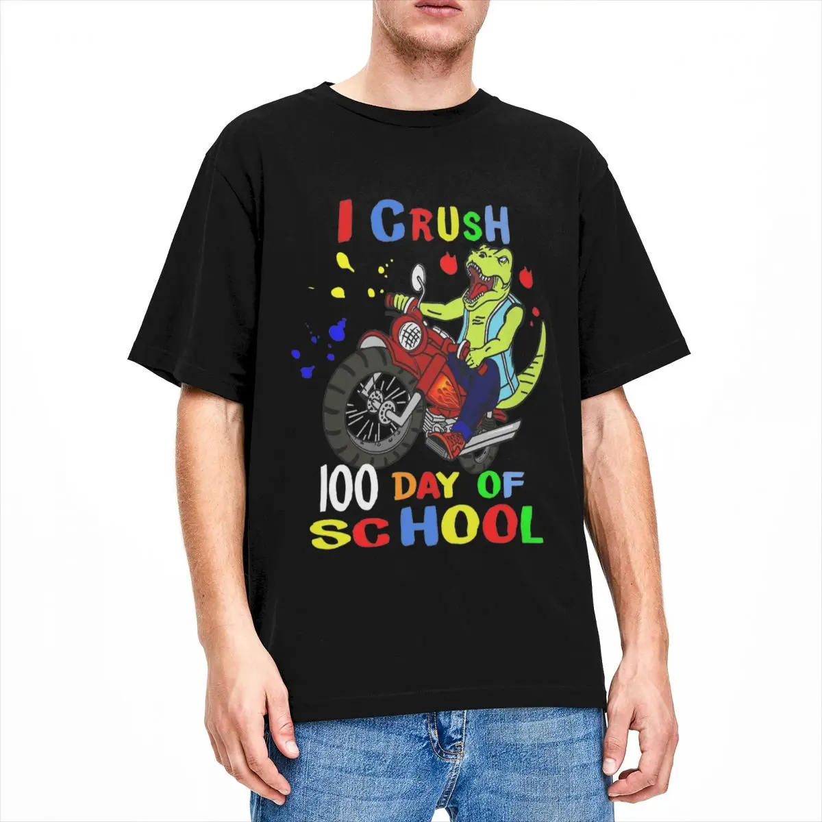 Men Women T-Shirt I Crushed 100 Day Of School Funny Pure Cotton Short Sleeve Funny Dinosaur T Shirts Crewneck Tops New Arrival