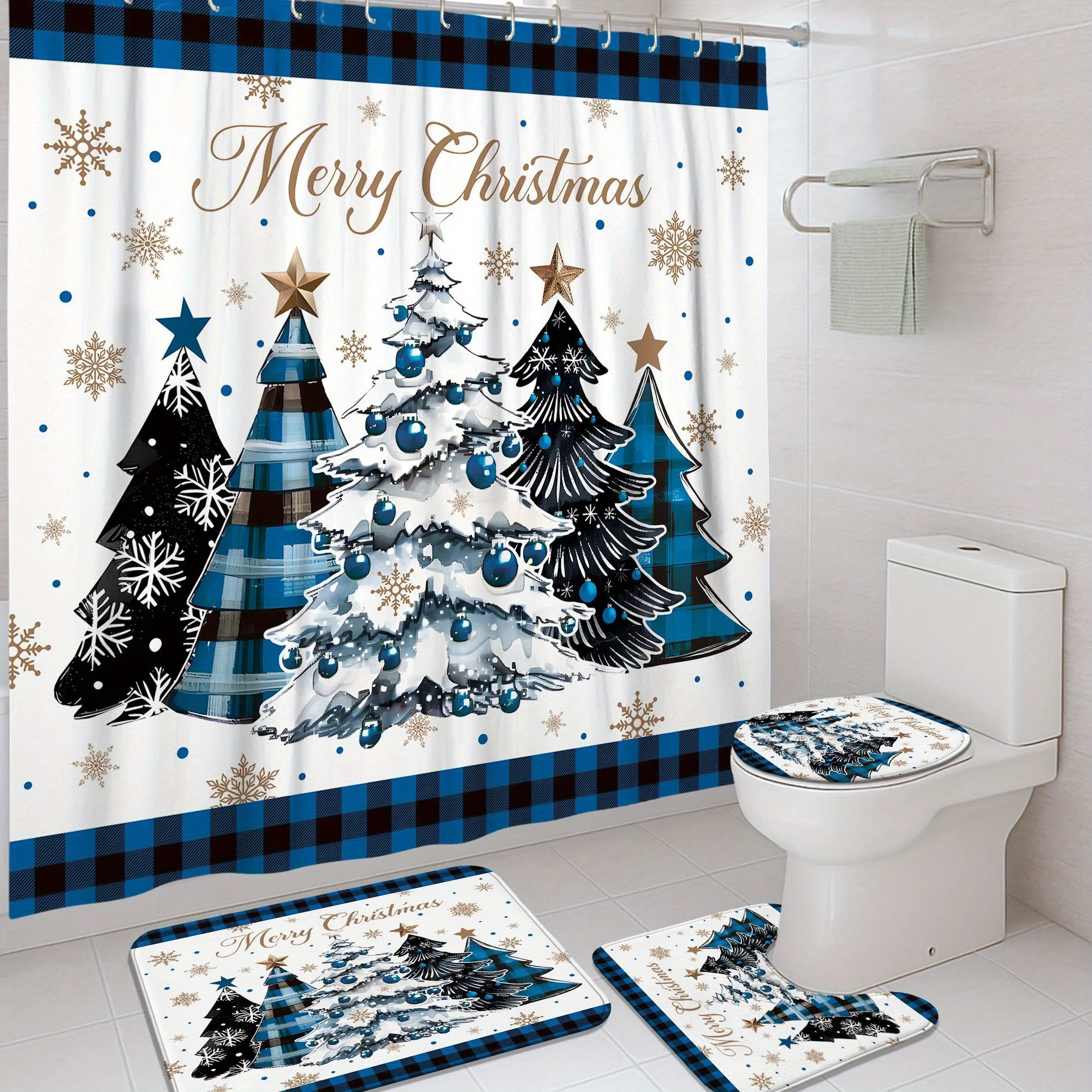 

4Pcs Xmas Winter Shower Set, Blue Plaid Tree Design, 12 Hooks, Non-Slip Mat, U-Shaped Toilet Cover, Holiday Bath Decor