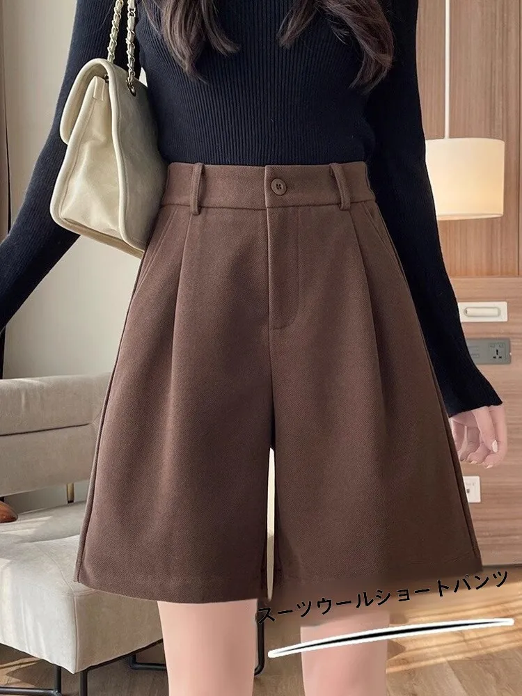 Women's Woolen Wide Leg Pants Autumn Winter Outerwear Loose Slim A-Line Straight Cut Suit Thick Casual Boot Cut Pants