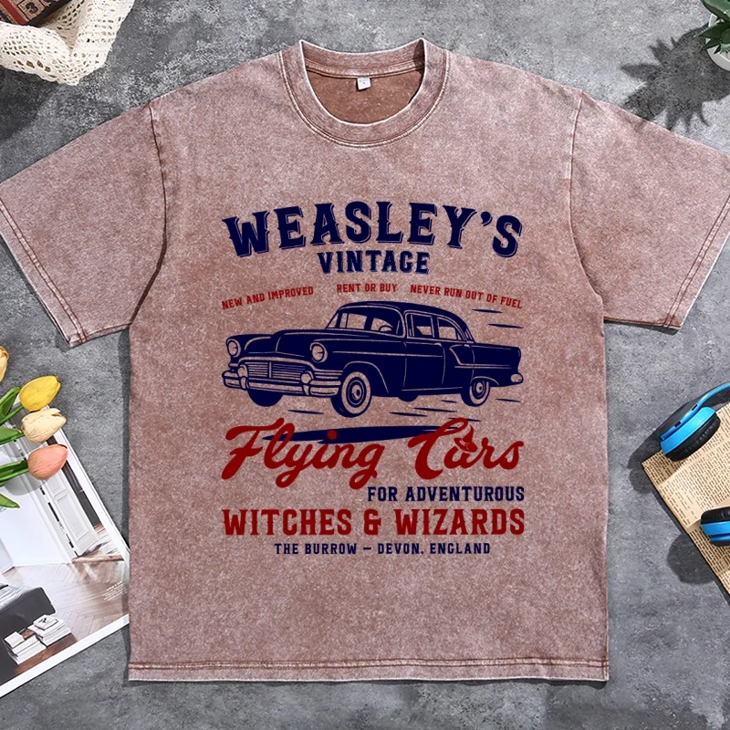 Weasley's Vintage Flying Car T-Shirt Magic Car Tee Man Woman Cotton Short Sleeve Vintage Washed Tshirt Unisex Oversized