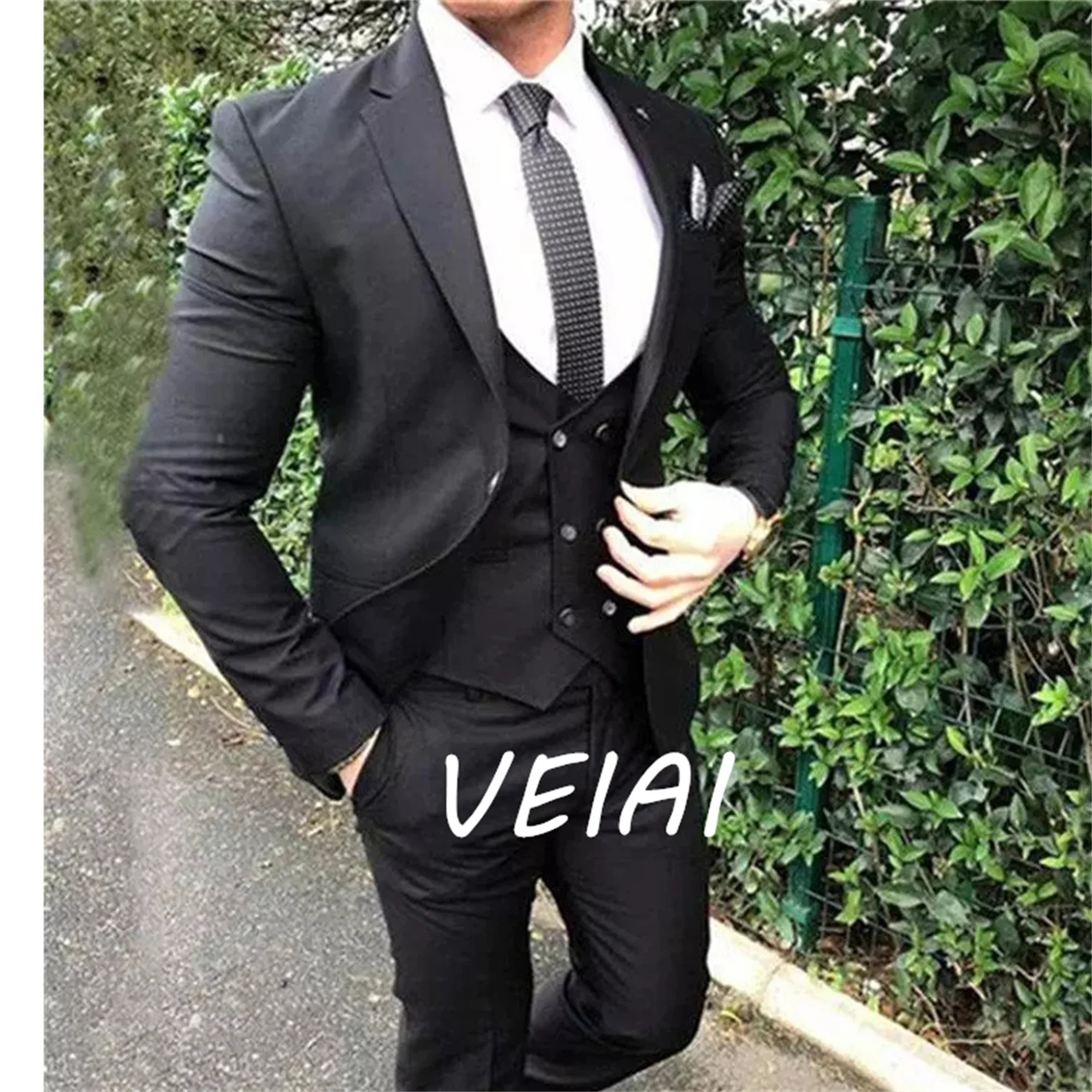 Black Men Suits Slim Fit Notch Lapel Groom Tuxedo for Wedding Party Causal Street Fashion 3 Piece Jacket Vest with Pants