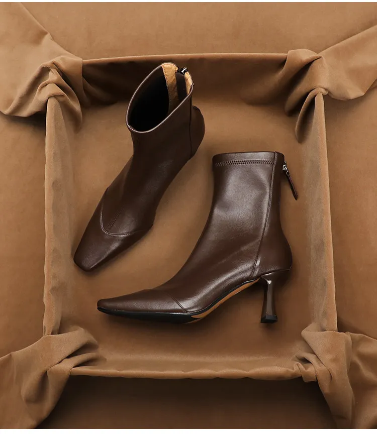 SHOEBOX Fashionable Stretchy Ankle Boots for Women – 2025 Fall/Winter Faux Fur-Lined Square Toe High Heel with Back Zipper