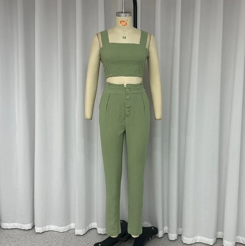 2 Pieces Summer Sexy Strap Sleeveless Solid Color Halter Crop Top High-Waisted Single Breasted Pocket Trousers Two-Piece Set