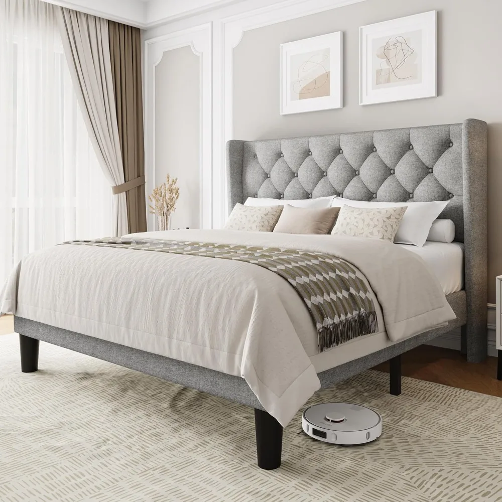Full Size Upholstered Bed Frame with Wingback Headboard, Fabric Linen Platform Bed, 8