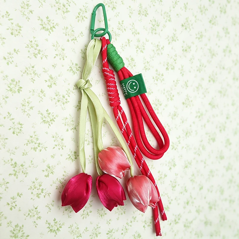New Fresh Style Tulip Flower Bag Charm High Aesthetic Keychain Handbag Decorative Nylon Lanyard Sweet Spring Style