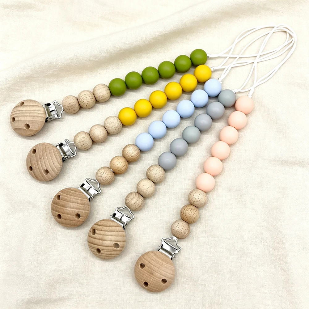 Baby Pacifier Clip Beech Wood Silicone Bead Soother Chew Teething Toys Dummy Nipple Holder Anti‑lost Chain Newborn Accessories