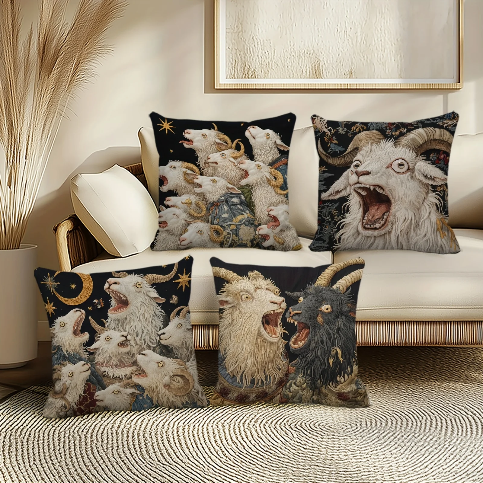 Halloween 2D Flat 4PCS Cushion Covers Featuring A Modern Art Style with A Black Background Themed Around Goats Decor Pillowcase