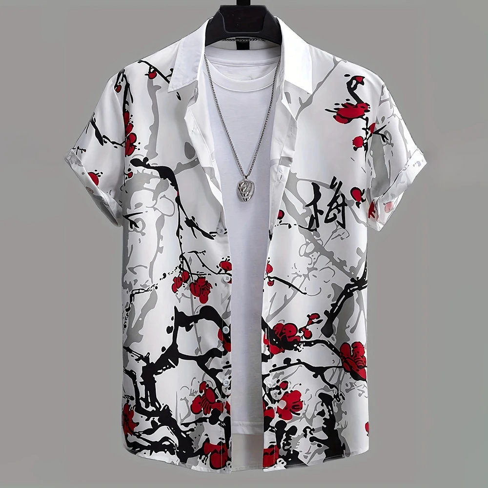 Summer Fashion Black And White Floral Print Button-up Shirts 2024 New Men\'s Short-sleeved Shirt Casual Holiday V-neck Blouse Top