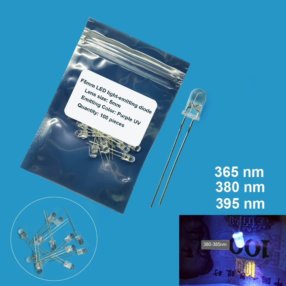 5mm DIP UV LED Diode Light Emitting Lamp 20mA 395nm 380nm 365nm 3.2-3.6V Purple Ultra Violet Ultra LED Beads 50/100PCS