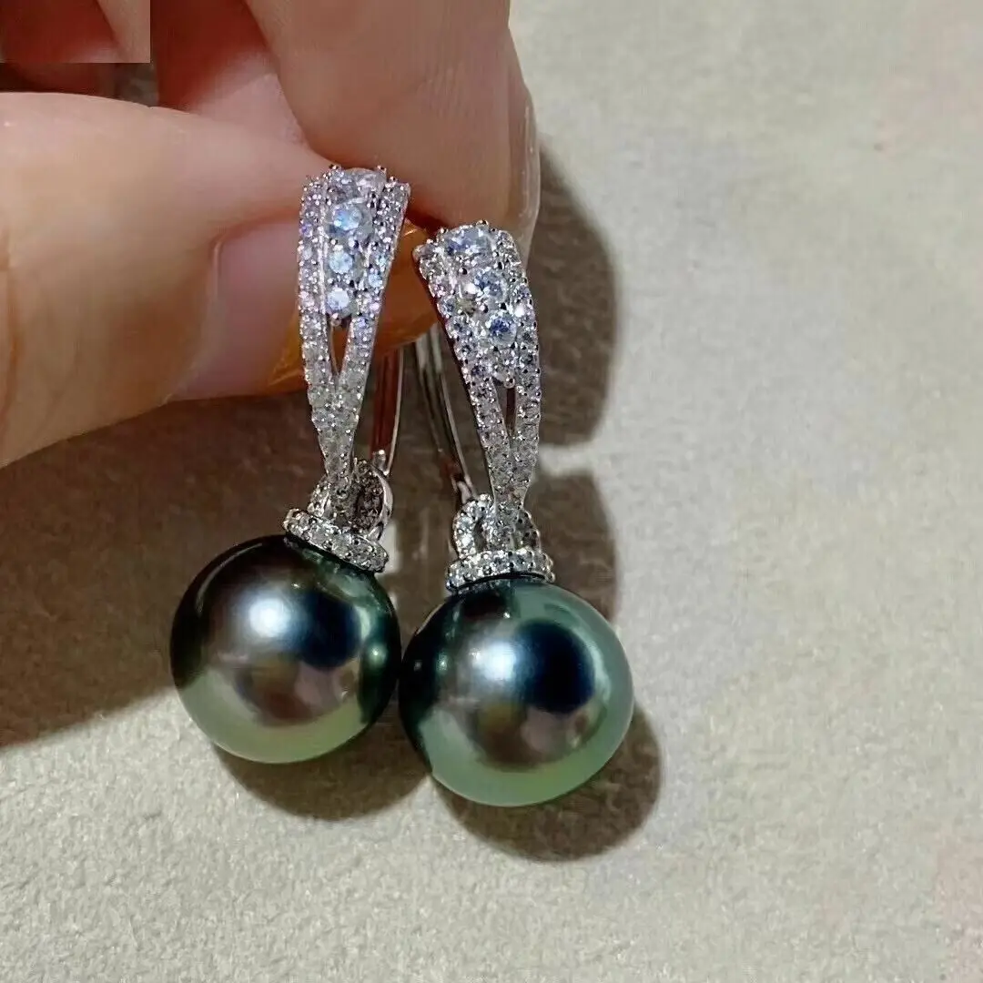 

Three strand natural AAA 10-11MM South China Sea black pearl earrings 925 silver