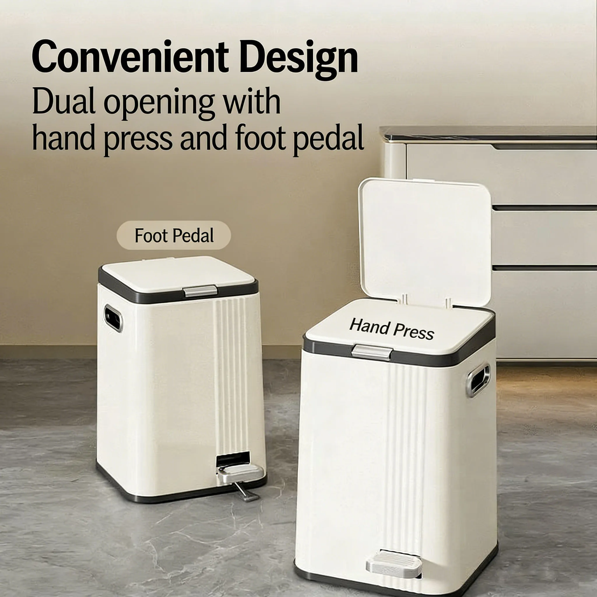 

Pedal Trash Can, Silent Slow Close, Press Lid, Large Capacity Waste Bin for Home Living Room Bedroom