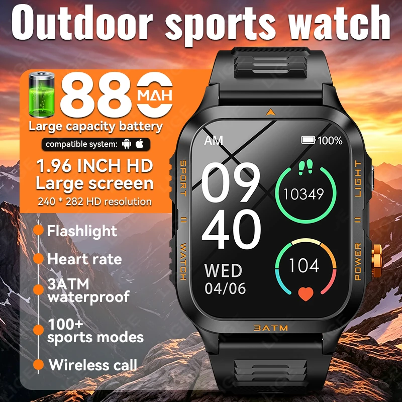 

LIGE New 2026 880mAh Large Battery Smart Watch Men Outdoor Sports Flashlight 3ATM Waterproof Bluetooth Call 1.96" HD Smartwatch