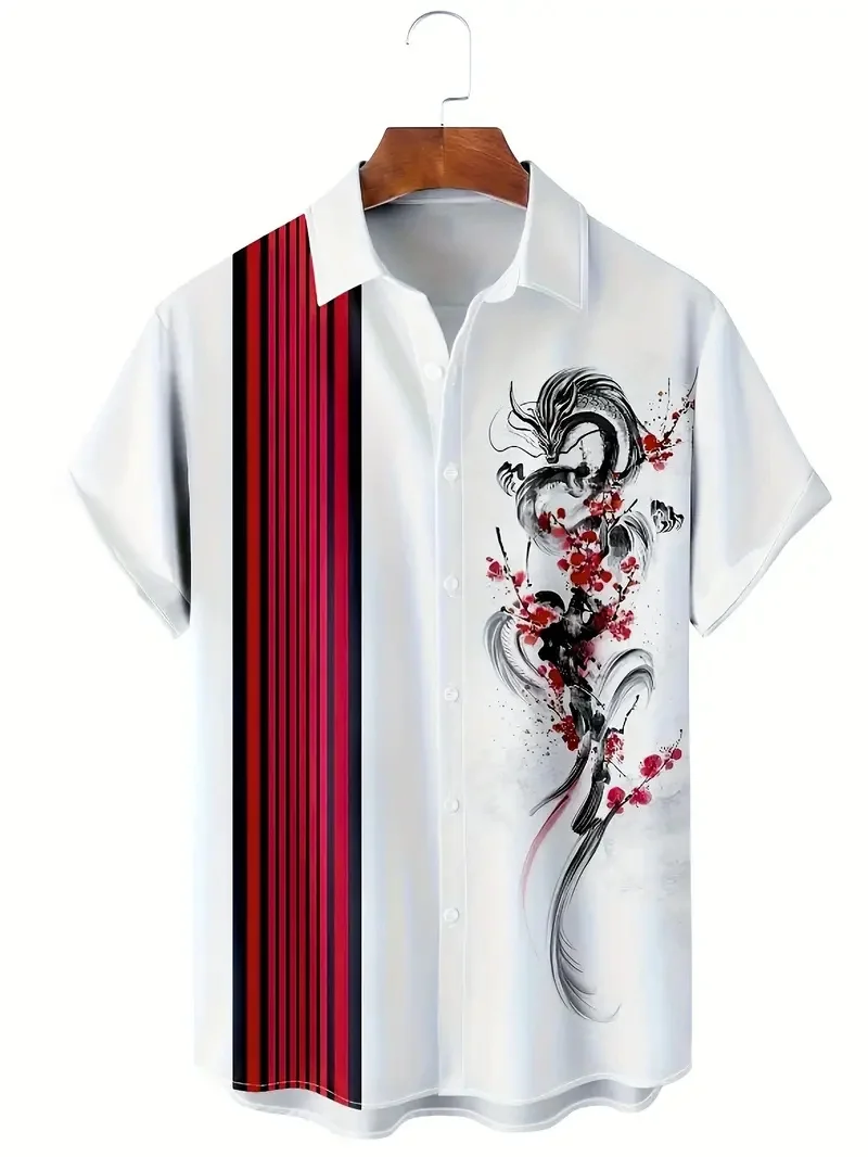 Chinese dragon pattern print short sleeve lapel shirt tops, men\'s casual button down fashion shirts for daily and resort beach p