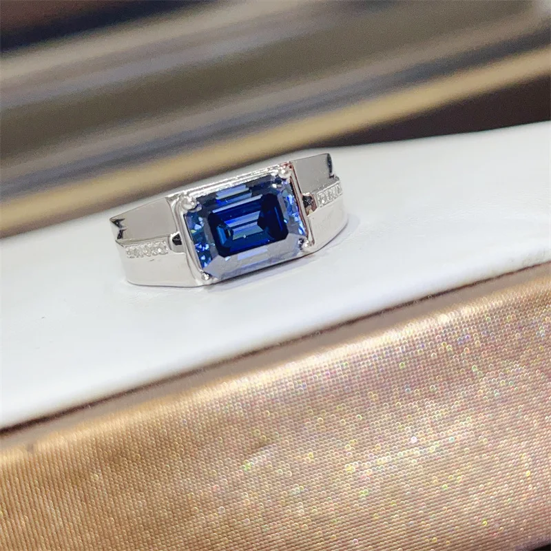 2/3 Carat Sapphire Moissanite Men Rings s925 Silver Emerald Cut Blue Moissanita Lab Diamond Plate 18k Platinum Finger Jewelry