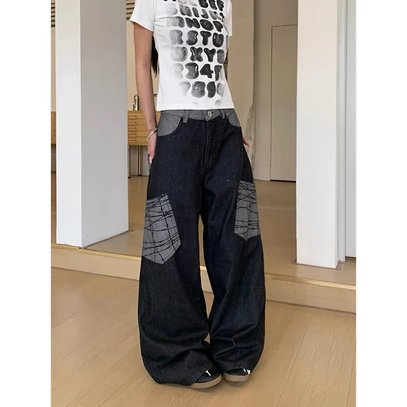 ZHIZOU Damskie Luźne Jeansy Y2k Japońsko-Amerykańskie Retro Elastyczne w Pasie Spodnie Denimowe Harajuku Kowbojskie Szerokie Krój High Street Cyber Punk