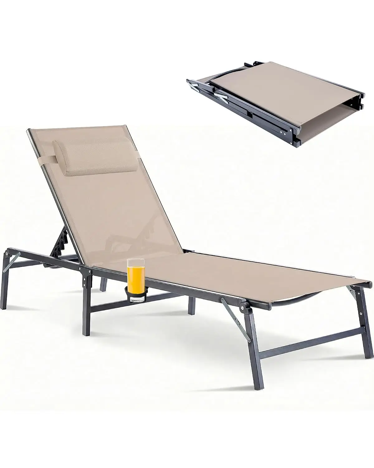 Foldable Chaise Lounge with Cup Holder & Pillow, 6-Position Adjustable Backrest, Assemble-Free Customized