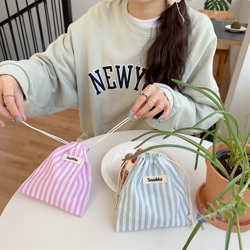 Pink Striped Drawstring Bags Women's Handbag Coin Purse Coin Pouch Key Lipstick Storage Bag Jewelry Dust Bag Makeup Pouch