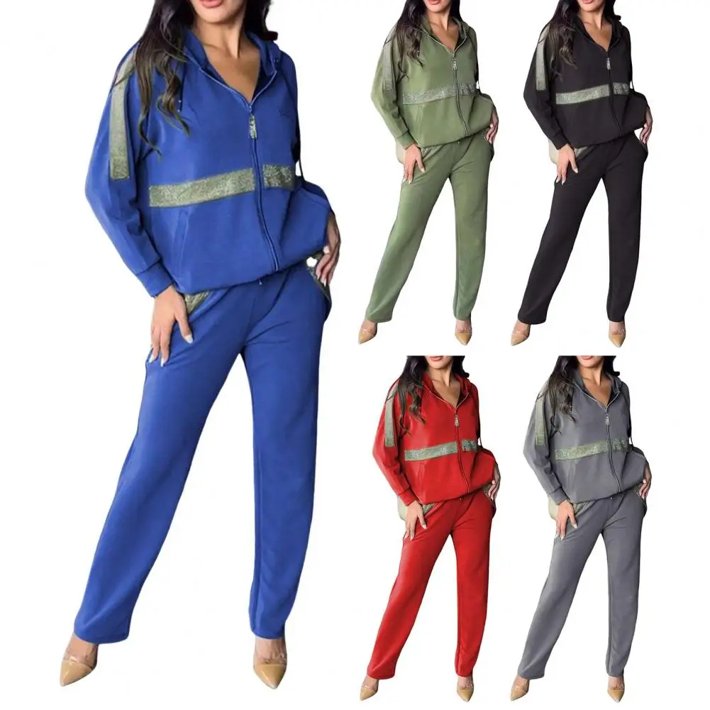 

Women Two Piece Pant Sets Hooded Zipper Spliced Sweatshirts Full Sleeved Thick Pencil Pants Jogger Suits Ladies Winter