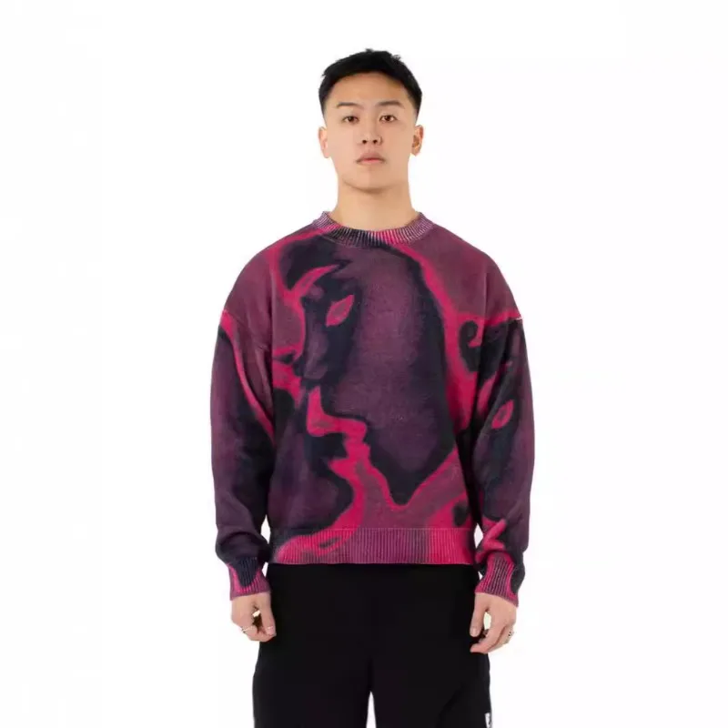 

Retro American Fashion High Street Punk Style Autumn/Winter Warm Hoodie Personalized Portrait Printed Knitwear Sweater