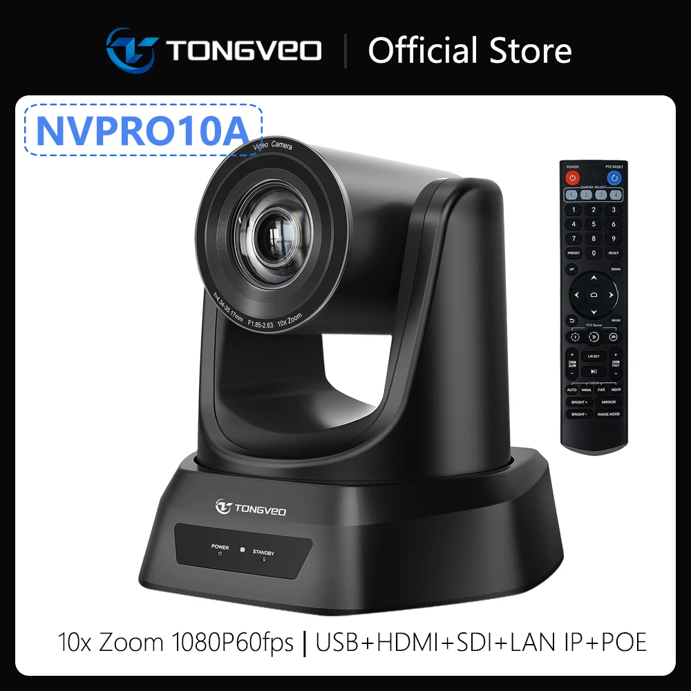 

TONGVEO PTZ Camera 10X Optical Zoom HDMI SDI USB IP Live Streaming 1080P 60fps PoE Supports for Church Services Worship Educatio