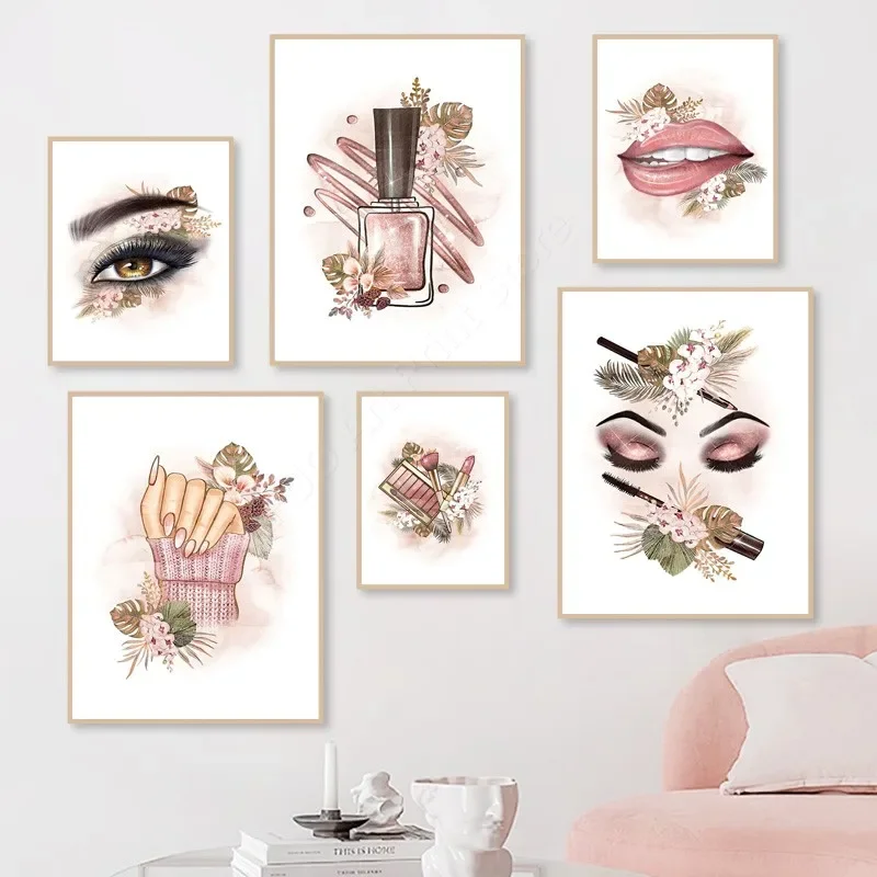 

Flower Lips Nails SPA Beauty Salon Wall Art Canvas Painting Vanity Posters And Prints Boho Makeup Pictures For Living Room Decor