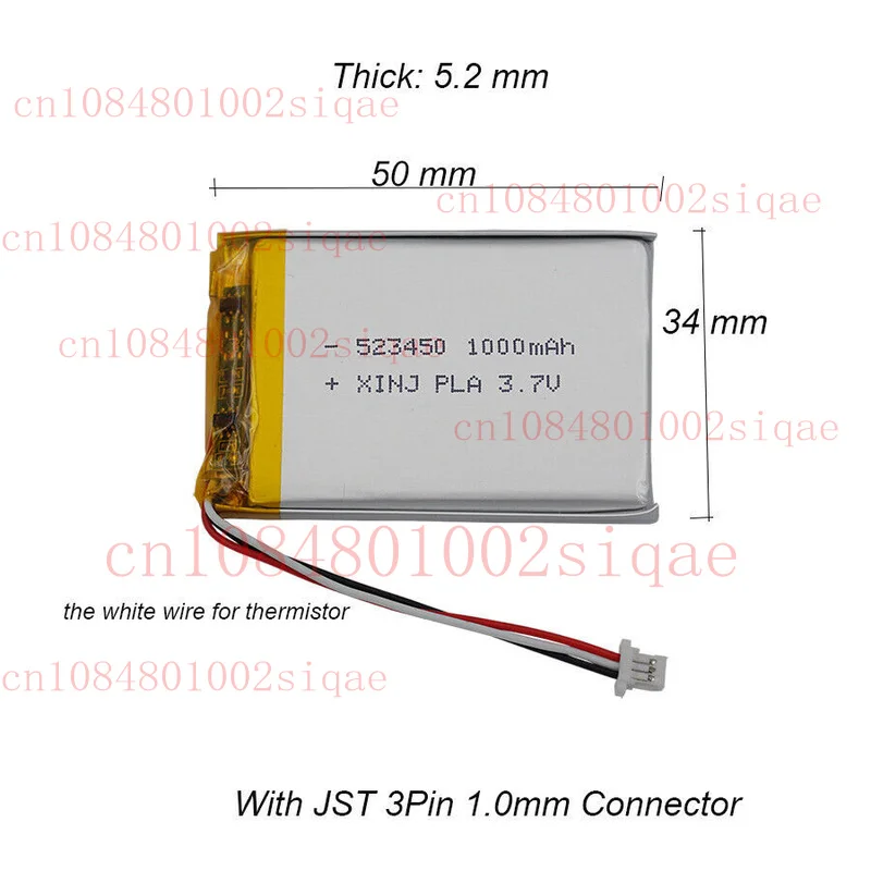3.7V 1000mAh 3.7Wh Lipo Li Batería 523450 NTC Termistor JST 3Pin 1.0mm para GPS WYORESY