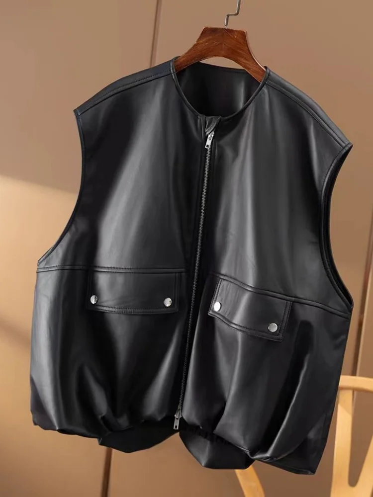Damen-Weste aus echtem Leder, kurze schwarze Schaffelljacke, lockere Passform, trendiges Oberteil für Frühling und Herbst