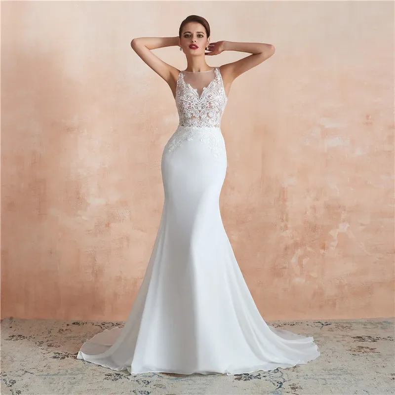 Lussuoso abito da sposa senza maniche a sirena bianca sexy moderno colletto trasparente invisibile senza schienale plus size abito da sposa