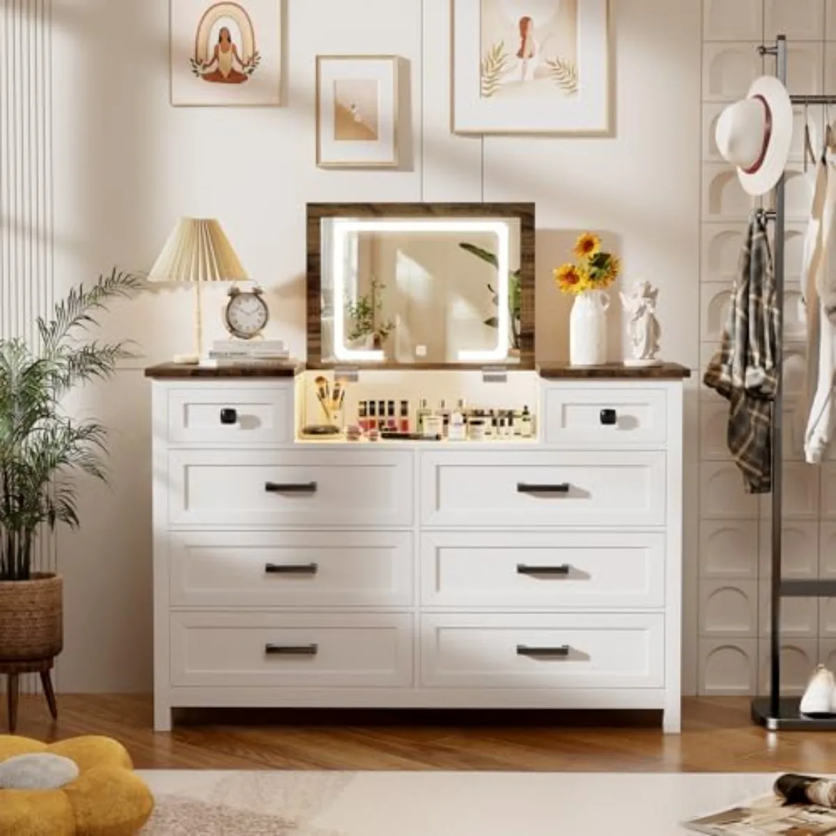 Dresser with Mirror for Bedroom, Chest of Drawers with LED Mirror, 8 Drawer Dresser, White Dressers for Kids, Wood - view 3