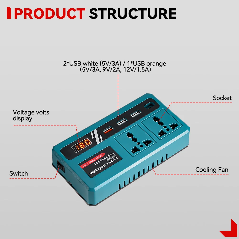 ONEVAN 300W 50HZ Inverter Multifunctional Portable Power Inverter Charger Adapter Universal Socket For Makita Battery Pin
