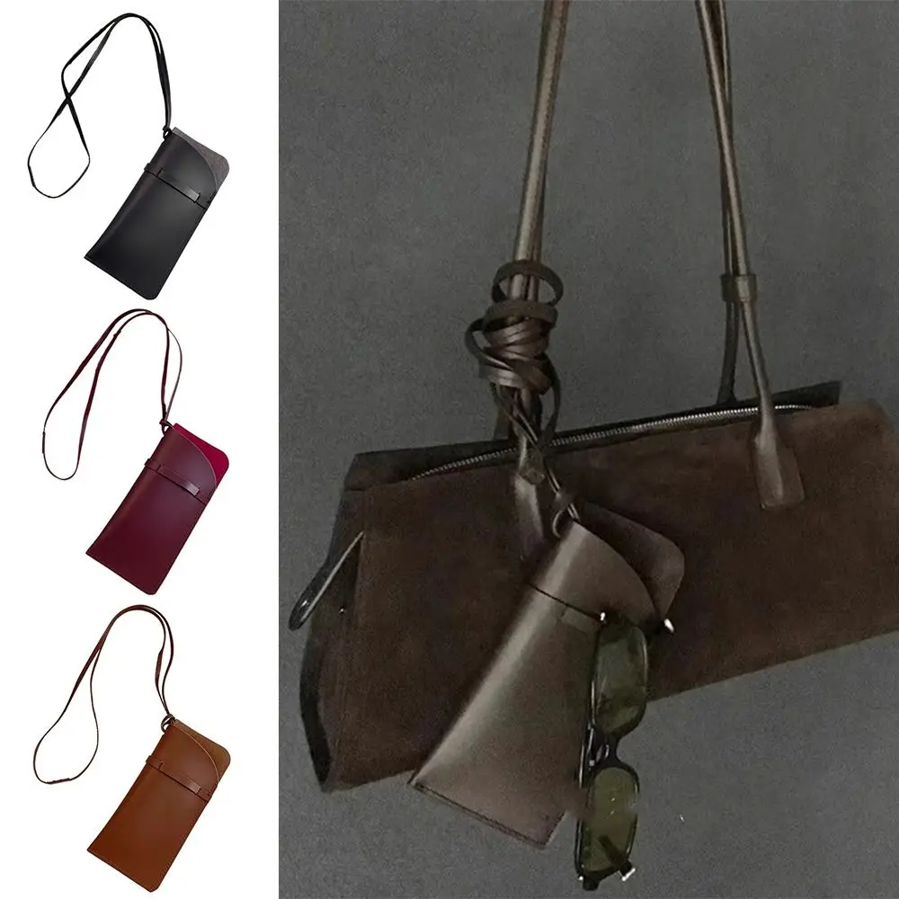 

PU Leather Sunglasses Storage Bag with Lanyard Solid Color Hanging Sunglasses Durable Portable SunGlasses Holder