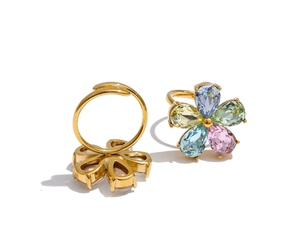 Yhpup Bunter, glänzender, verstellbarer Ring mit kubischem Zirkonia-Blumenmuster, 18 Karat Goldfarbe, Edelstahl, temperamentvoller Premium-Fingerschmuck – Detail 1