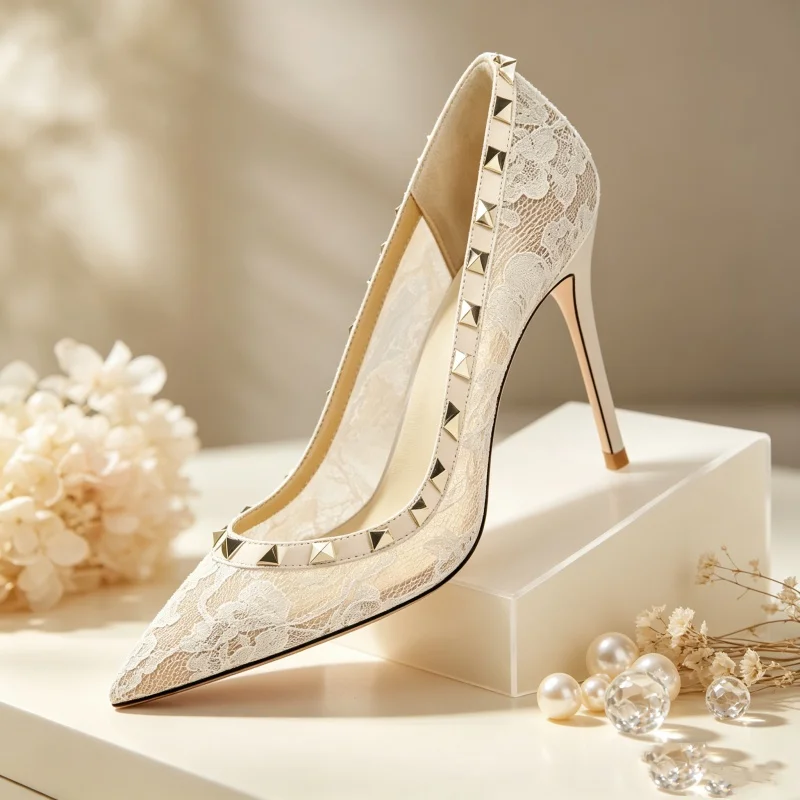 Korean Chic Temperament Women Formal Single Shoes Delicate French Lace Metal Rivets Pointy Tip Slim Stiletto High Heels New 2026