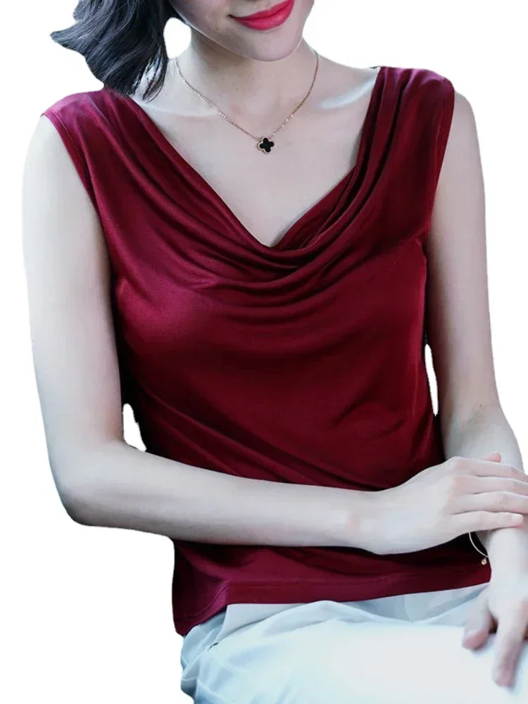 Elegant Cowl Neck Satin Tank Tops Women Fashion Sleeveless Blouses Casual Solid Color Party Tunic Tops 2024 Summer Blusas