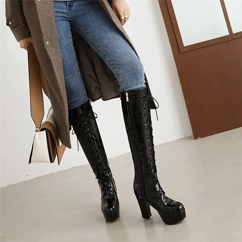 Plus Size Women Knee-high Platform Boots 10cm High Block Heel White Red Patent Leather Party Club Lady Lace-up Zipper Long Boots