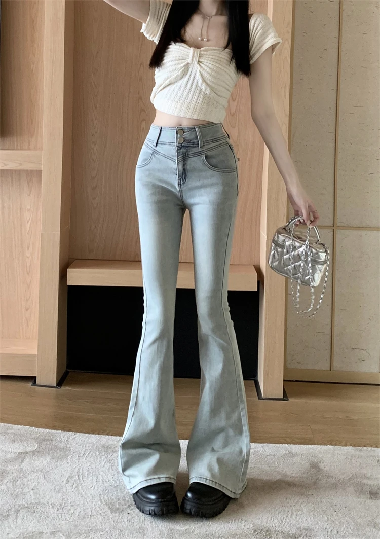 New Chic Tide Sweet Sexy High Waist Bell Bottoms Women Fashion Wrap Hip Slim Denim Pants Summer Coquette Gyaru Jeans Trousers